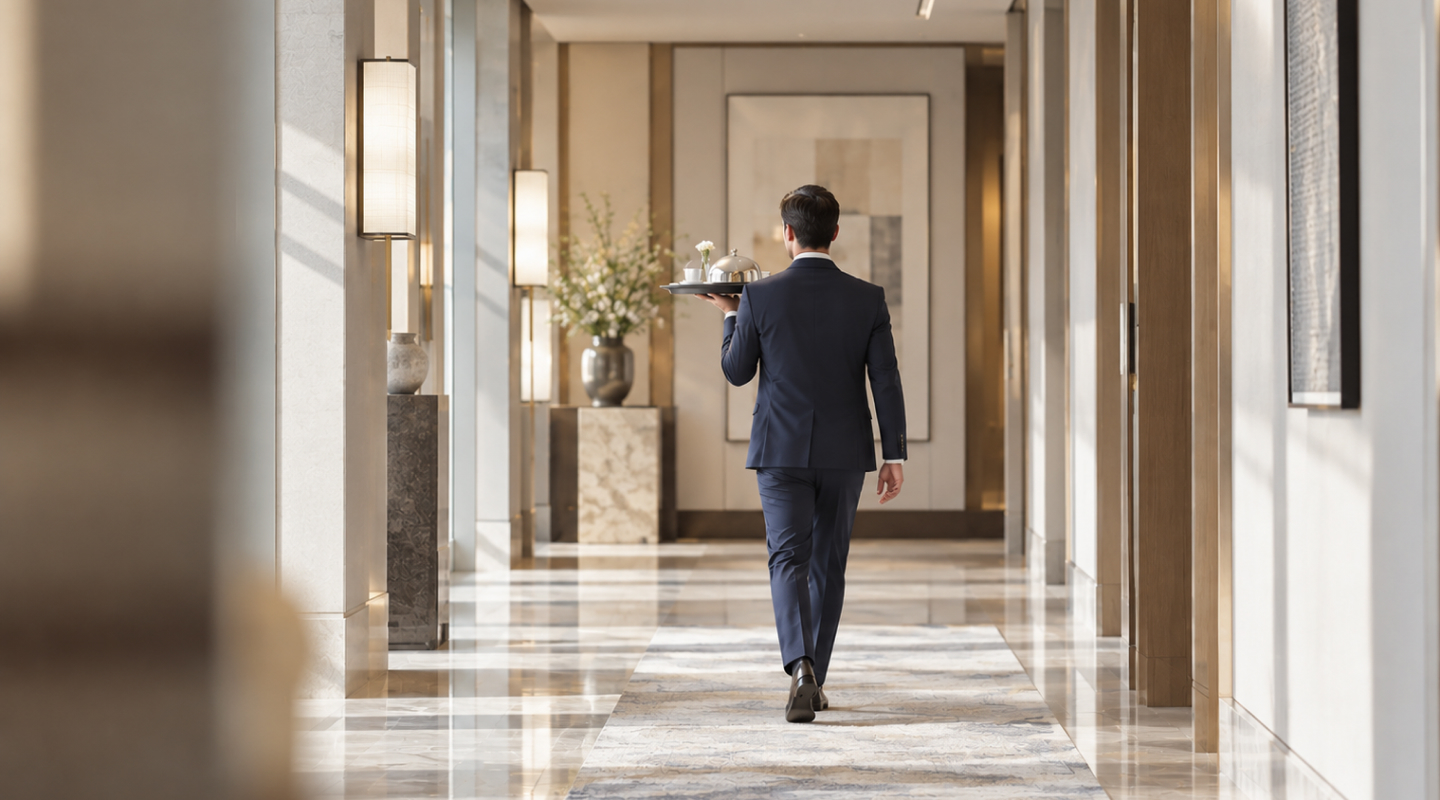 Ein Hotelmitarbeiter geht mit einem Serviertablett durch einen sonnigen Flur.