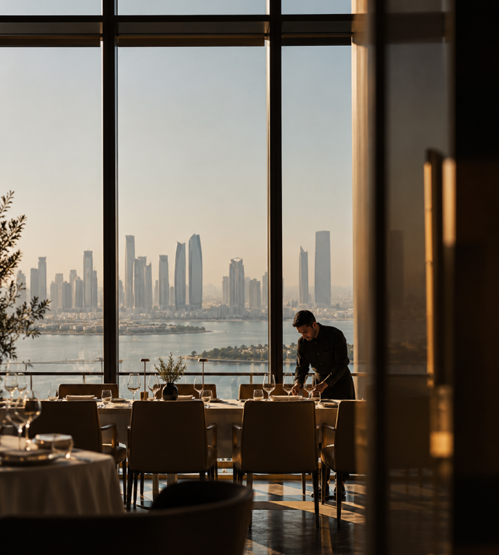 Ein Kellner deckt einen Tisch in einem Restaurant mit Blick auf eine Skyline.