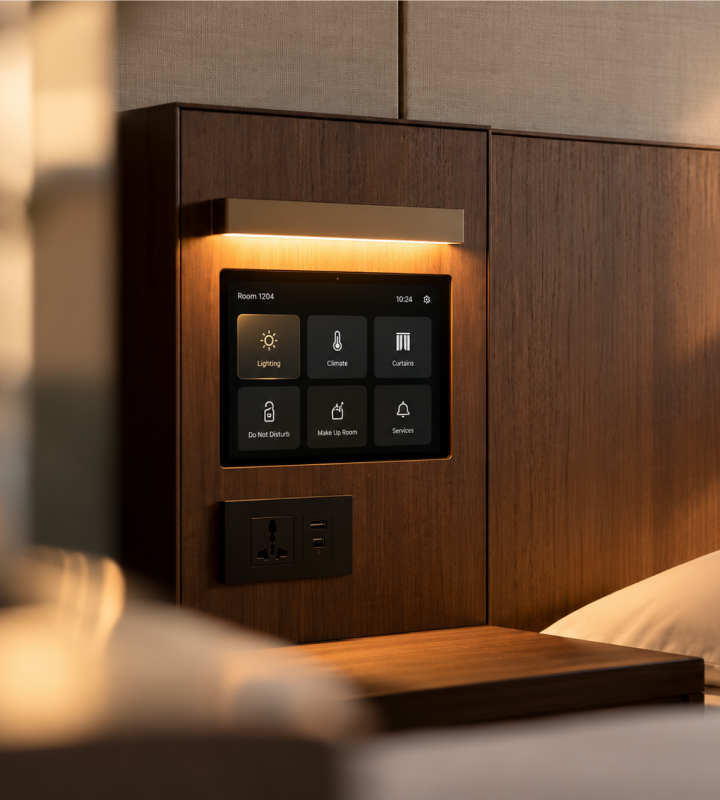 A hotel room panel for lighting, climate, curtains and guest services, beside the bed.